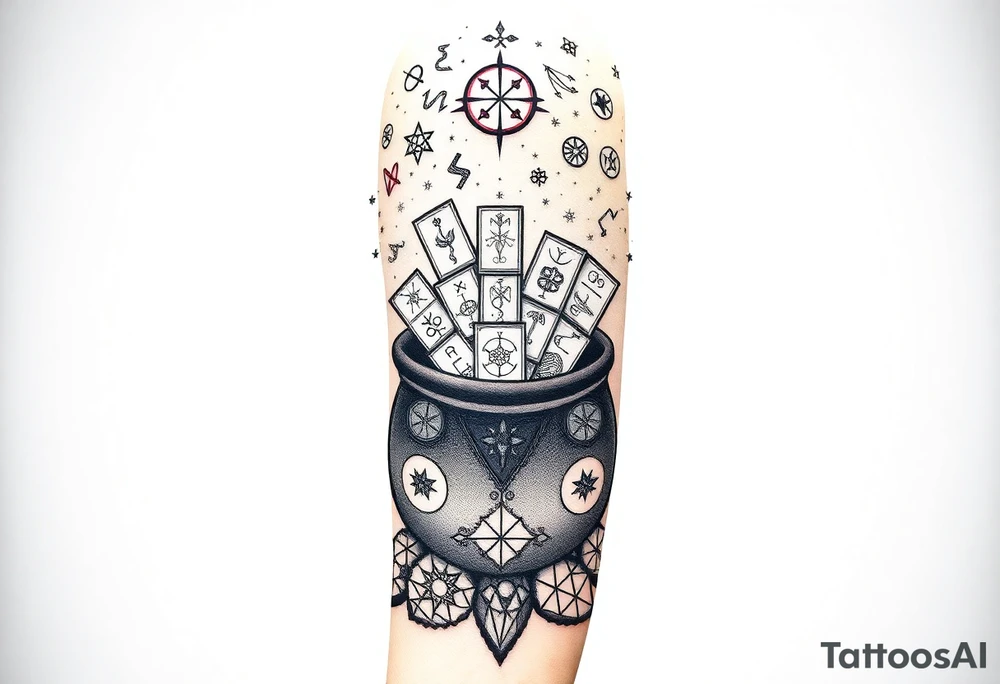 Milky way filled with zodiac symbols runes tarot cards coming out of amcauldron tattoo idea