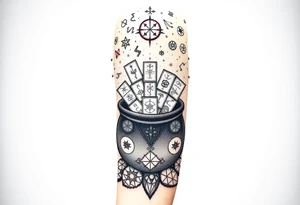 Milky way filled with zodiac symbols runes tarot cards coming out of amcauldron tattoo idea
