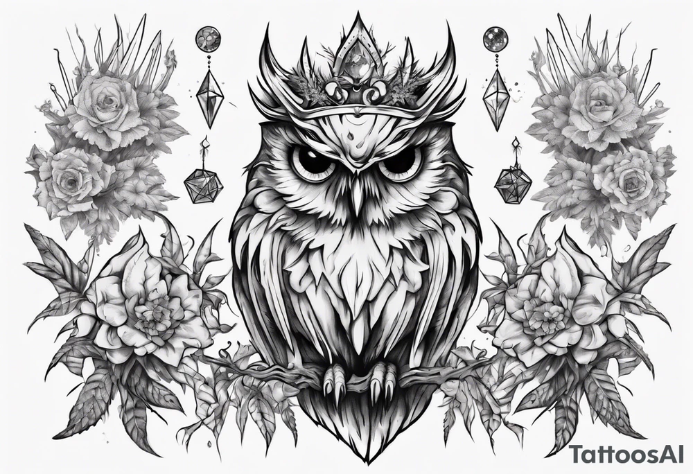 Demon crowned Owl surrounded by poisonous plants, crystals and astrology. tattoo idea