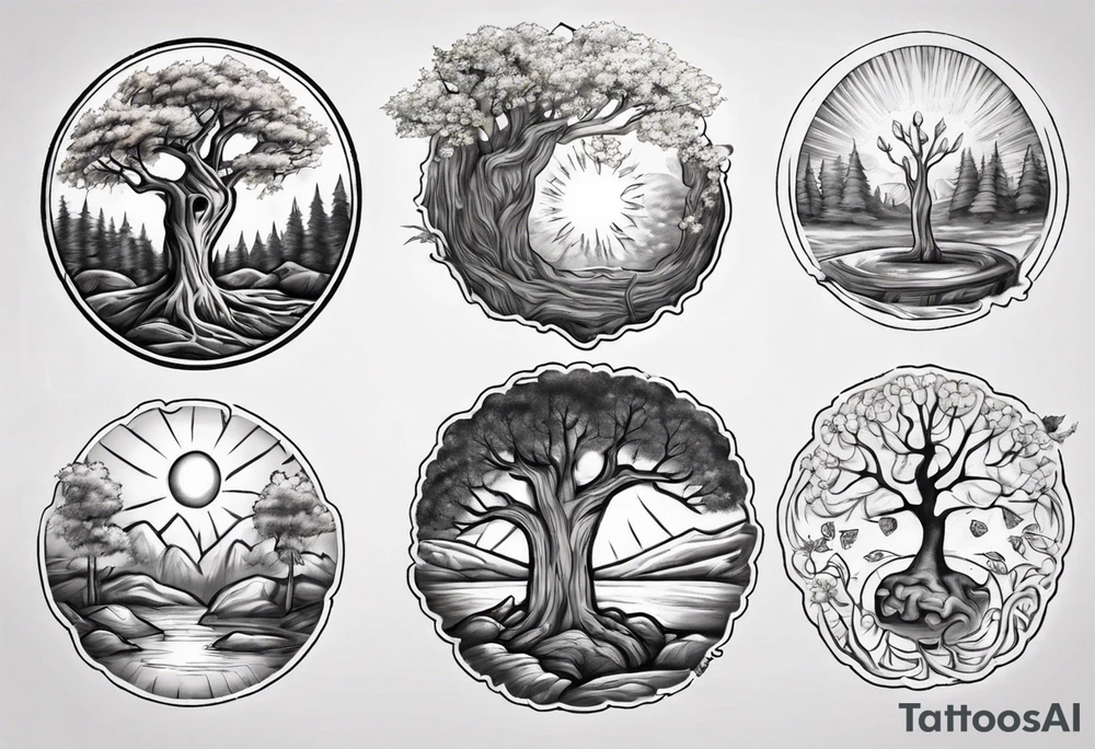 Small spring beside a oka tree plus sun in the tree trunk tattoo idea