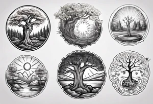 Small spring beside a oka tree plus sun in the tree trunk tattoo idea