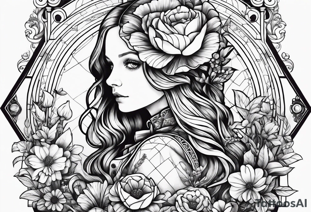 Alice through the looking glass with flowers everywhere tattoo idea