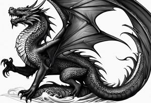 a medieval and powerfull  black dragon, fling tattoo idea