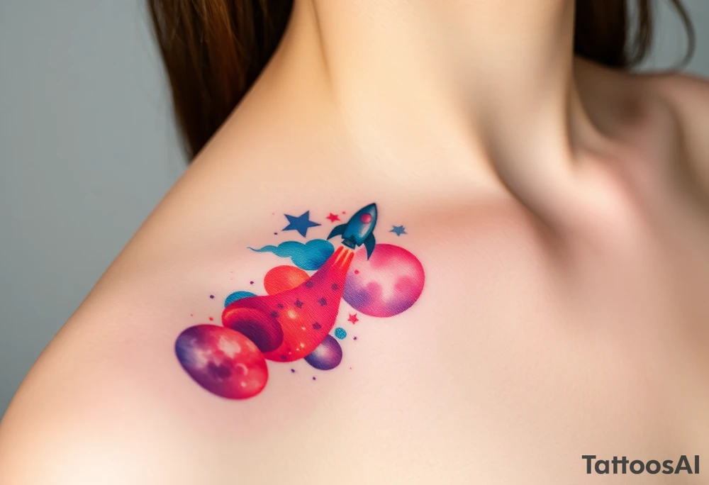 A tiny rocket launching from the one person towards the other person galaxy tattoo, in vibrant blues, reds, and purples, symbolizing a journey of growth tattoo idea