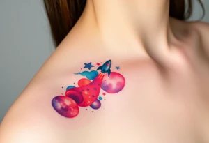 A tiny rocket launching from the one person towards the other person galaxy tattoo, in vibrant blues, reds, and purples, symbolizing a journey of growth tattoo idea