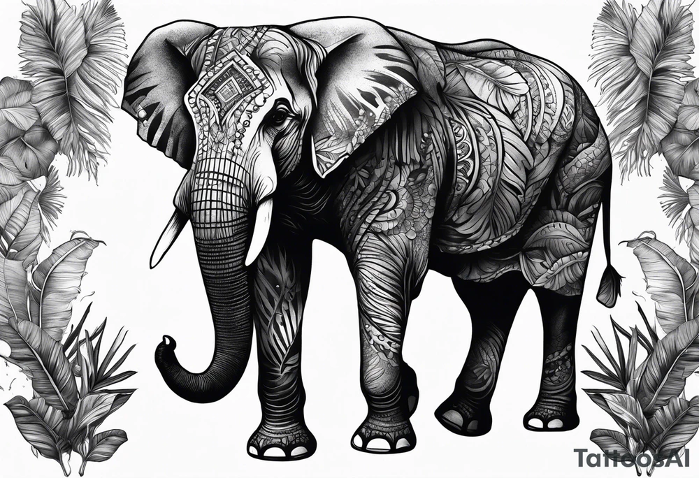 “A majestic elephant with its trunk raised, surrounded by tropical foliage, symbolizing memory and strength tattoo idea