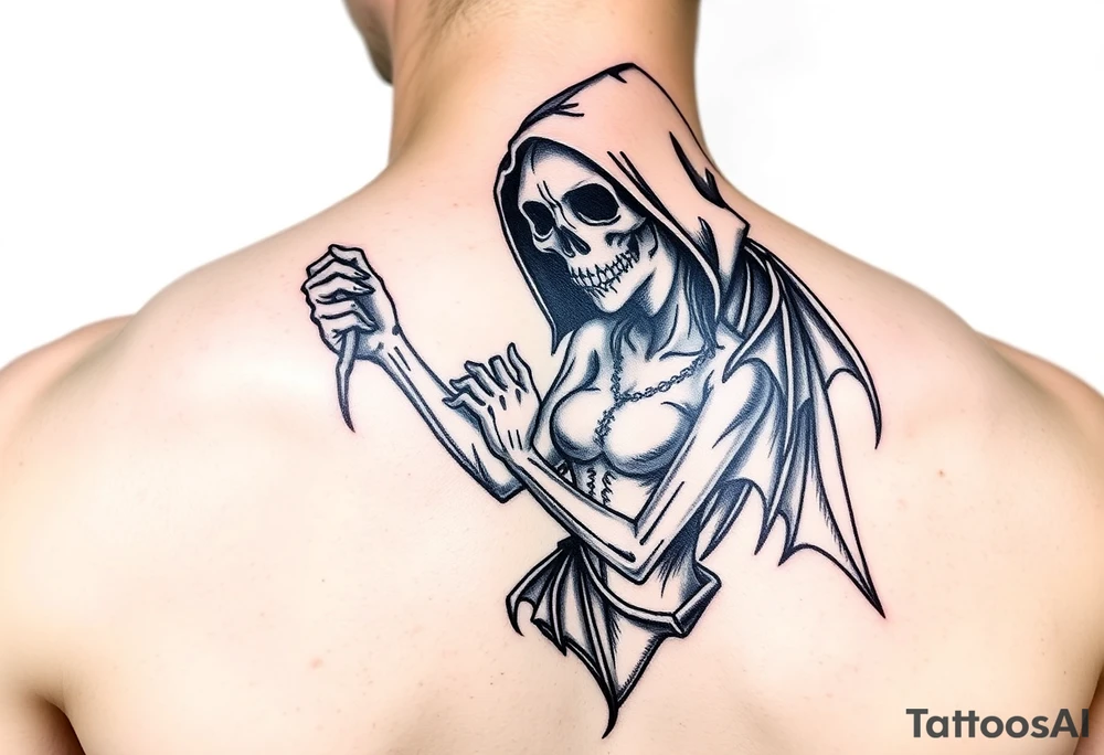 Grim reaper in love with sexy female demon tattoo idea