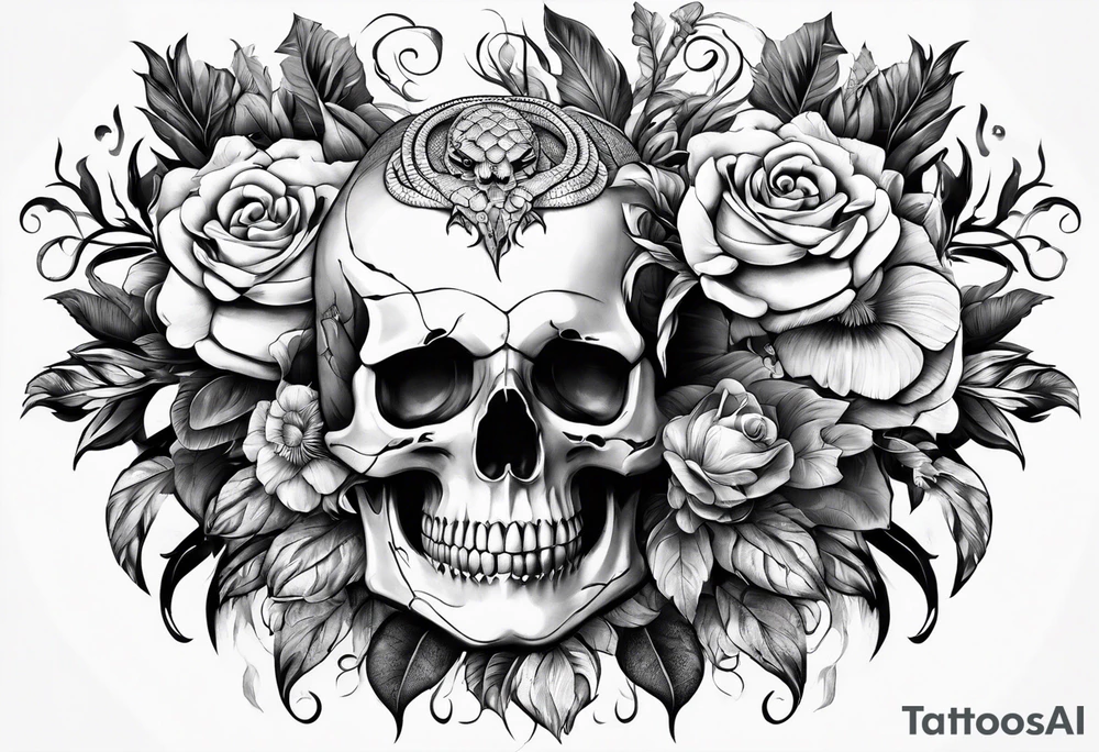 Floral arrangement with a snake and skull tattoo idea