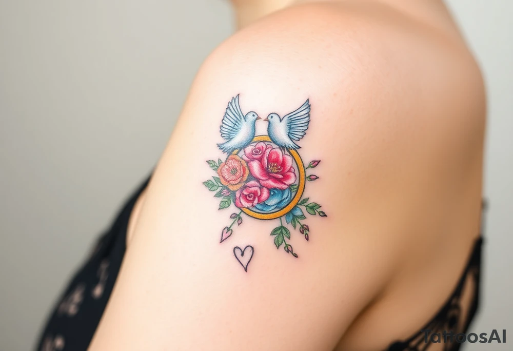 wedding ring with wedding bouquet, doves, hearts tattoo tattoo idea