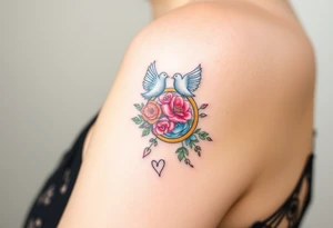 wedding ring with wedding bouquet, doves, hearts tattoo tattoo idea