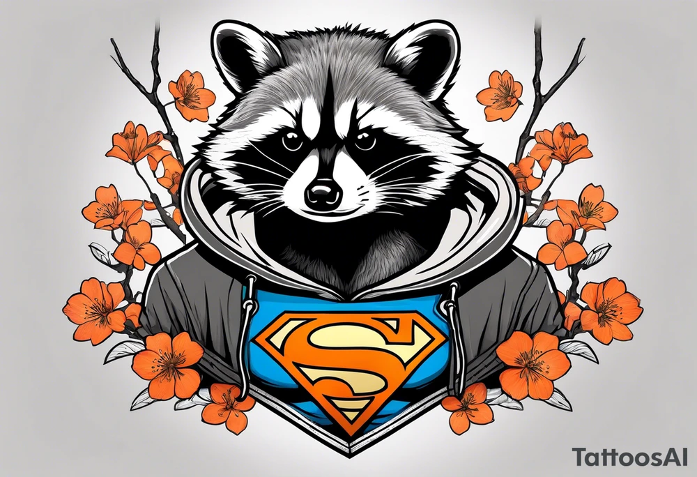 raccoon wearing a black and white Superman hoodie and orange Japanese cherry blossoms tattoo idea