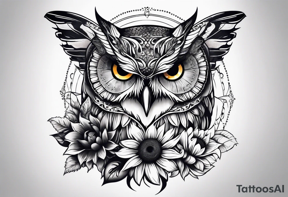 Small owl with butterfly and sunflower leg sleeve tattoo idea