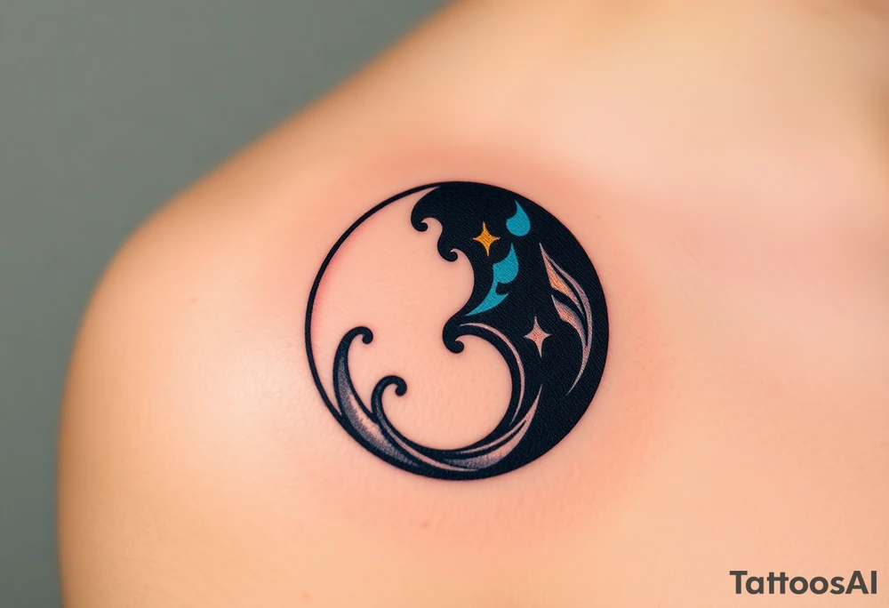 A yin-yang symbol, with one half glowing white with soft golden accents (good) and the other dark with deep blue and black elements (evil), symbolizing balance and duality tattoo idea