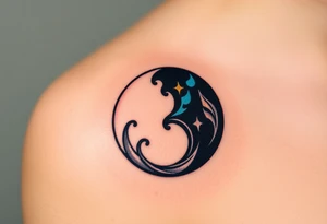 A yin-yang symbol, with one half glowing white with soft golden accents (good) and the other dark with deep blue and black elements (evil), symbolizing balance and duality tattoo idea