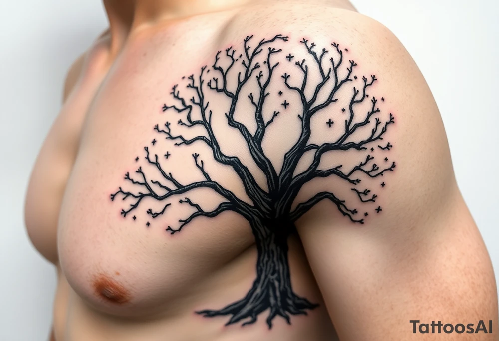 A black and gray realistic tree with engraved initials on the trunk, highlighting deep-rooted family connections tattoo idea