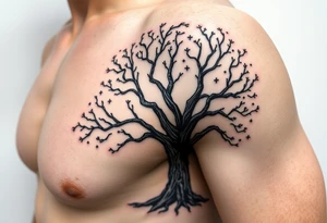 A black and gray realistic tree with engraved initials on the trunk, highlighting deep-rooted family connections tattoo idea