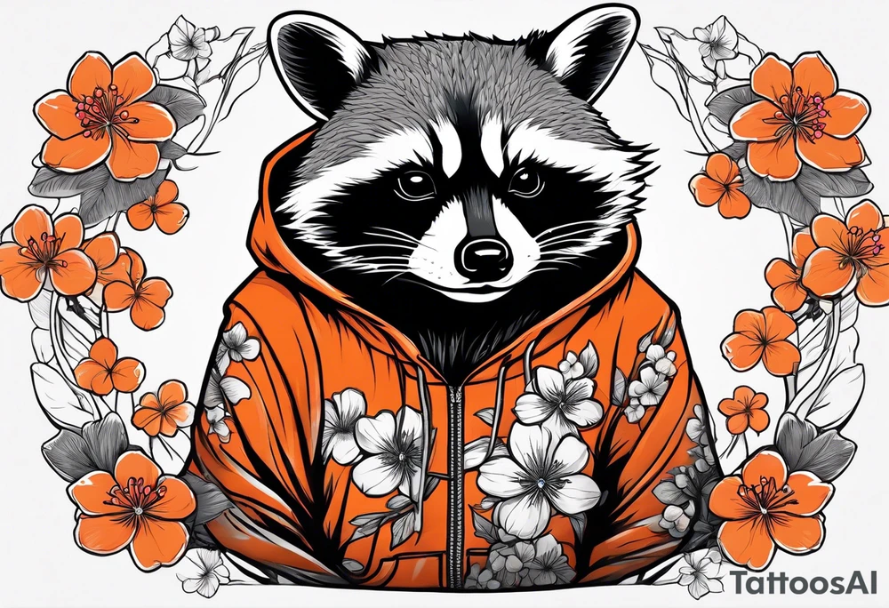 raccoon wearing a black and white Superman hoodie and orange Japanese cherry blossoms tattoo idea