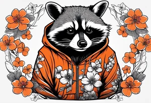 raccoon wearing a black and white Superman hoodie and orange Japanese cherry blossoms tattoo idea