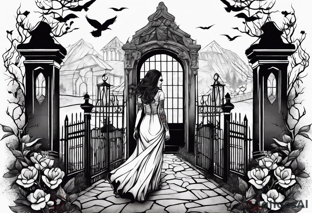 Woman walking out of a graveyard  leaving her old terrifying past behind her tattoo idea