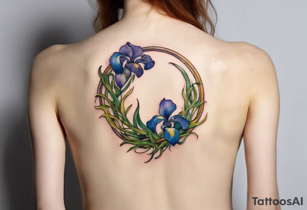 Create a small, colorful Vincent van Gogh Irises tattoo in the form of a crescent, with vines in Celtic knot style gracefully intertwining at a central point in the middle of the wreath. The intended placement is on the upper chest. The middle needs mountains. The overall design should be small in size while maintaining a delicate and artistic aesthetic. Pay attention to the graceful flow of the vines and the placement of the irises to achieve a refined and elegant look. tattoo idea