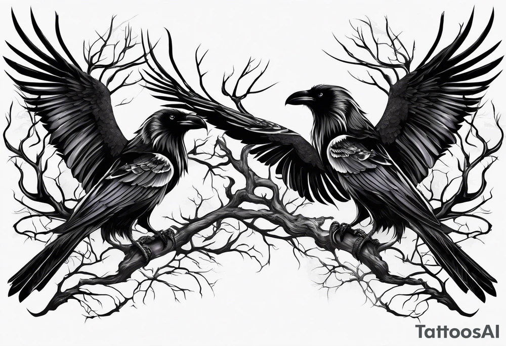 Dead tree arm sleeve with ravens tattoo idea