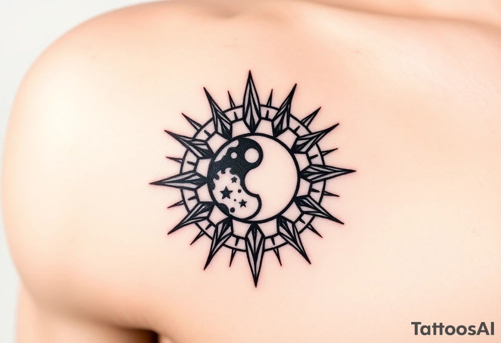 Compass with no declination marks shaped like a sun with a moon at the center of the image tattoo idea