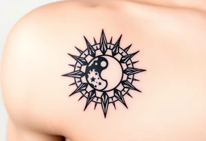 Compass with no declination marks shaped like a sun with a moon at the center of the image tattoo idea