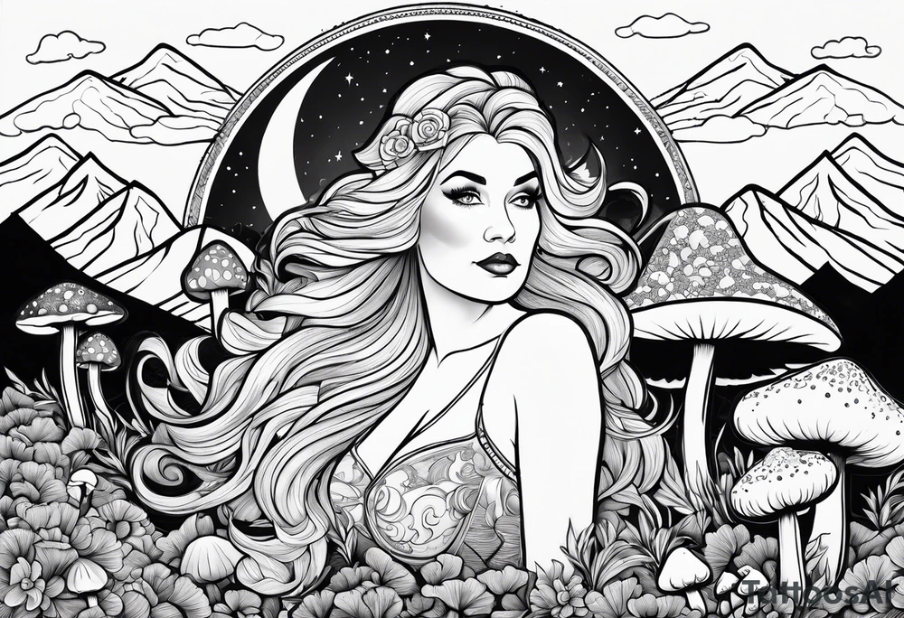 Older blonde fat woman no makeup surrounded by mushrooms mountains crescent moon background tattoo idea