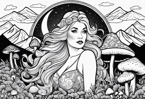 Older blonde fat woman no makeup surrounded by mushrooms mountains crescent moon background tattoo idea