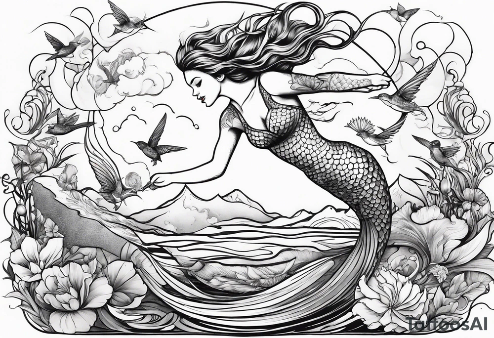 Mermaid jumping out of water to touch a hummingbird tattoo idea