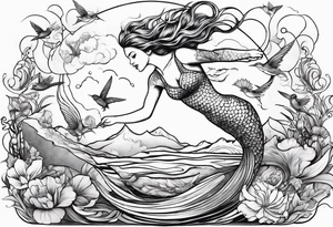 Mermaid jumping out of water to touch a hummingbird tattoo idea