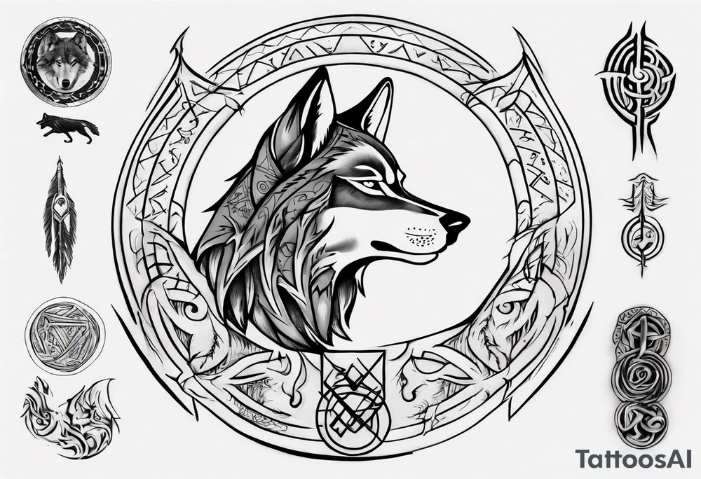 Wolf  howling with Norse symbols, a bit of Māori tattooing and my nanas name joy in it tattoo idea