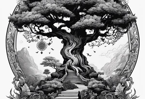 The deity Pan is surrounded by a asymmetrical tree, which represents a portal to another world tattoo idea