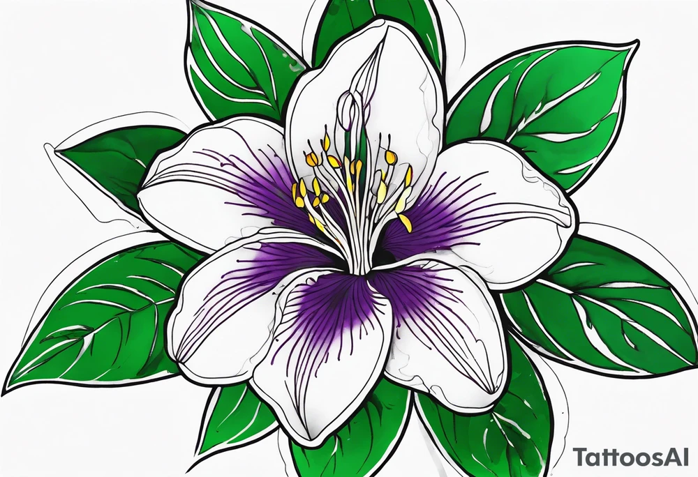 An outline of a rio dipladenia flower with a green and purple watercolor paint in the background tattoo idea