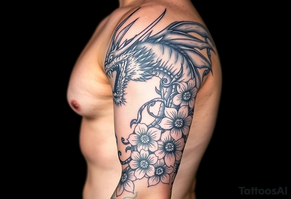 scary dragon with death flowers tattoo idea