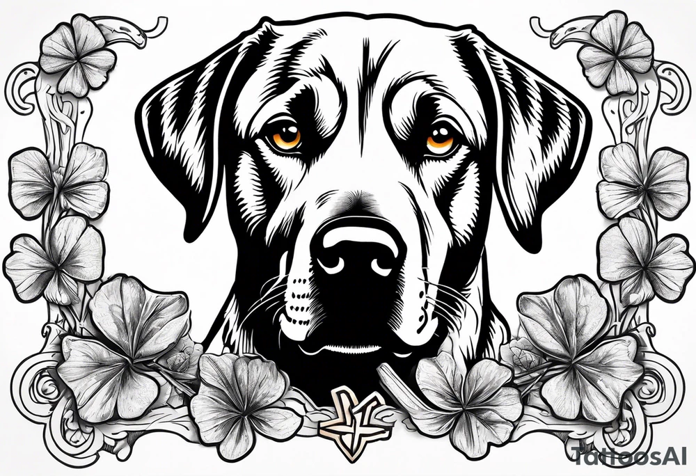 Clover leaf card with a cross and blue eyes of a Labrador retrevier and a cross tattoo idea