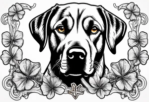 Clover leaf card with a cross and blue eyes of a Labrador retrevier and a cross tattoo idea