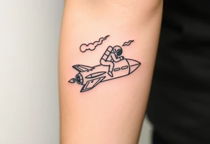 Busted Rocket ship with smoke coming out the back with astronaut riding it tattoo idea