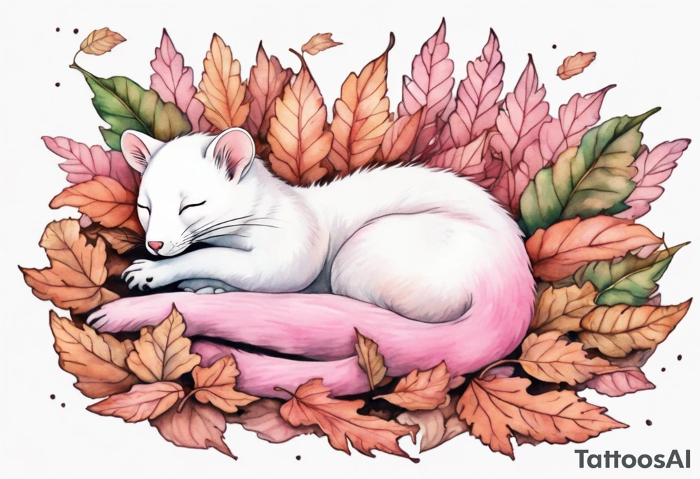 a pink ermine sleeping in a pile of leaves in a forest tattoo idea