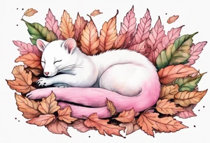 a pink ermine sleeping in a pile of leaves in a forest tattoo idea