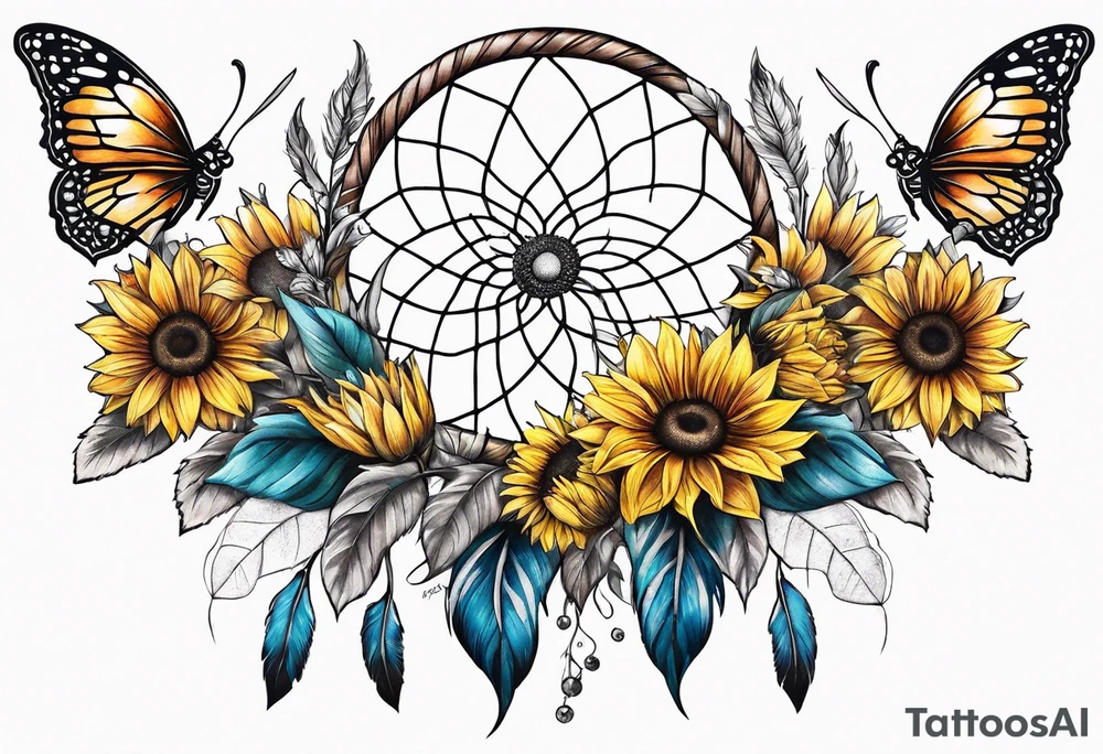 Dream catcher with sunflower in back ground with butterflies tattoo idea