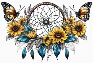 Dream catcher with sunflower in back ground with butterflies tattoo idea