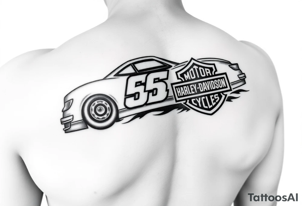 An arm tattoo with the original Dale Earnhardt car on it with the year 1958 to 2021 intertwined with a Harley-Davidson with a Budweiser logo on it tattoo idea