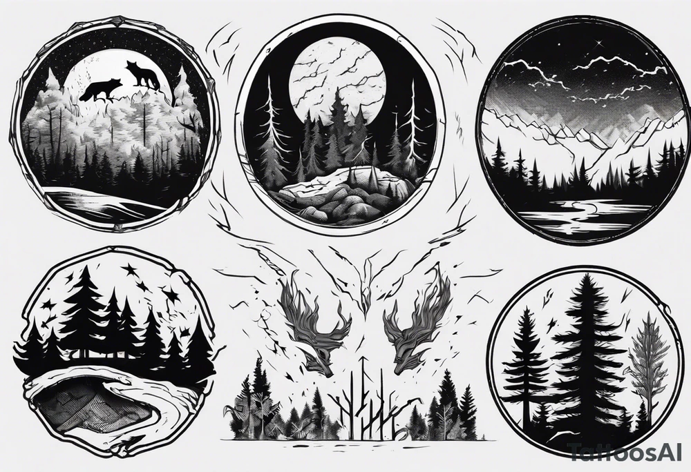 a thunder and lightning storm over a forest with a distant wolf howling and a drums tattoo idea a thunder and lightning storm over a forest with a distant wolf howling and a drums tattoo idea