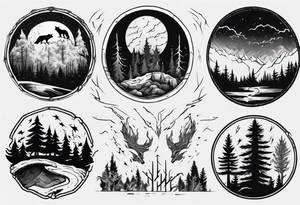 a thunder and lightning storm over a forest with a distant wolf howling and a drums tattoo idea