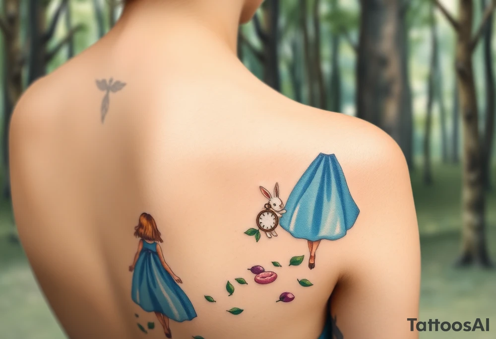 Back view of a girl in a blue dress walking in a forest following a small white rabbit. A pocket watch on top of the scene, falling amongst the trees tattoo idea