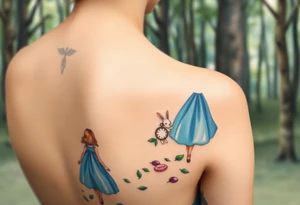 Back view of a girl in a blue dress walking in a forest following a small white rabbit. A pocket watch on top of the scene, falling amongst the trees tattoo idea