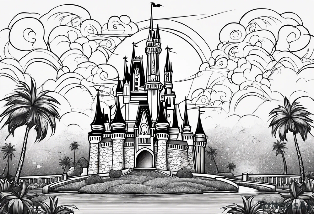 disney castle with a lightning storm palm trees and a mickey mouse and celtic symbol for family tattoo idea