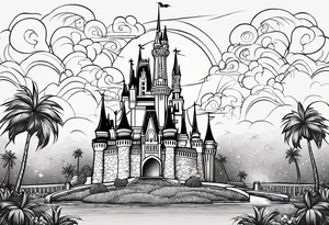 disney castle with a lightning storm palm trees and a mickey mouse and celtic symbol for family tattoo idea