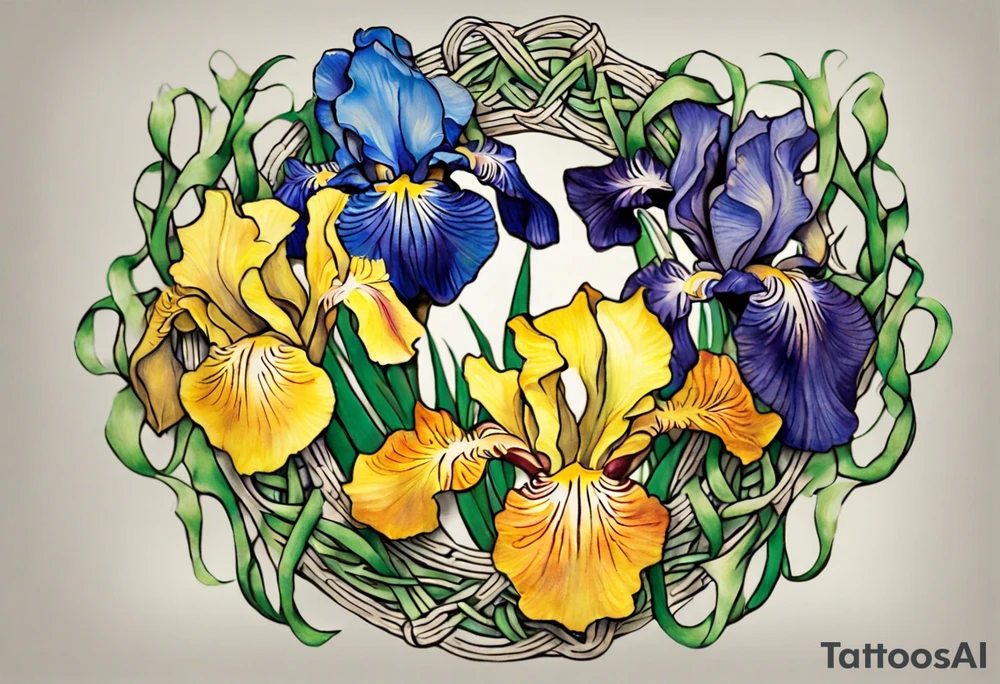 Create a small thick colorful Vincent van Gogh Irises tattoo , with vines in Celtic knots gracefully intertwining at a central point in the middle of the wreath.  The intended placement is on the upper chest. The overall design should be small in size while maintaining a delicate and artistic aesthetic. Pay attention to the graceful flow of the vines and the placement of the irises to achieve a refined and elegant look. Mountains need to be inside the design tattoo idea